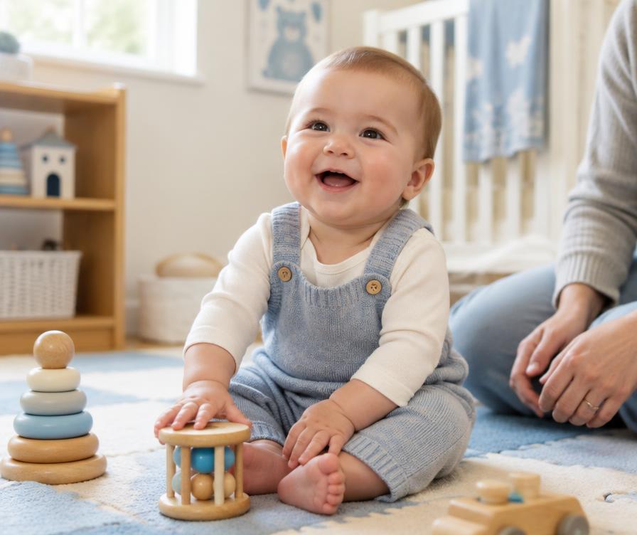 Smiling baby playing with wooden toys on a soft mat