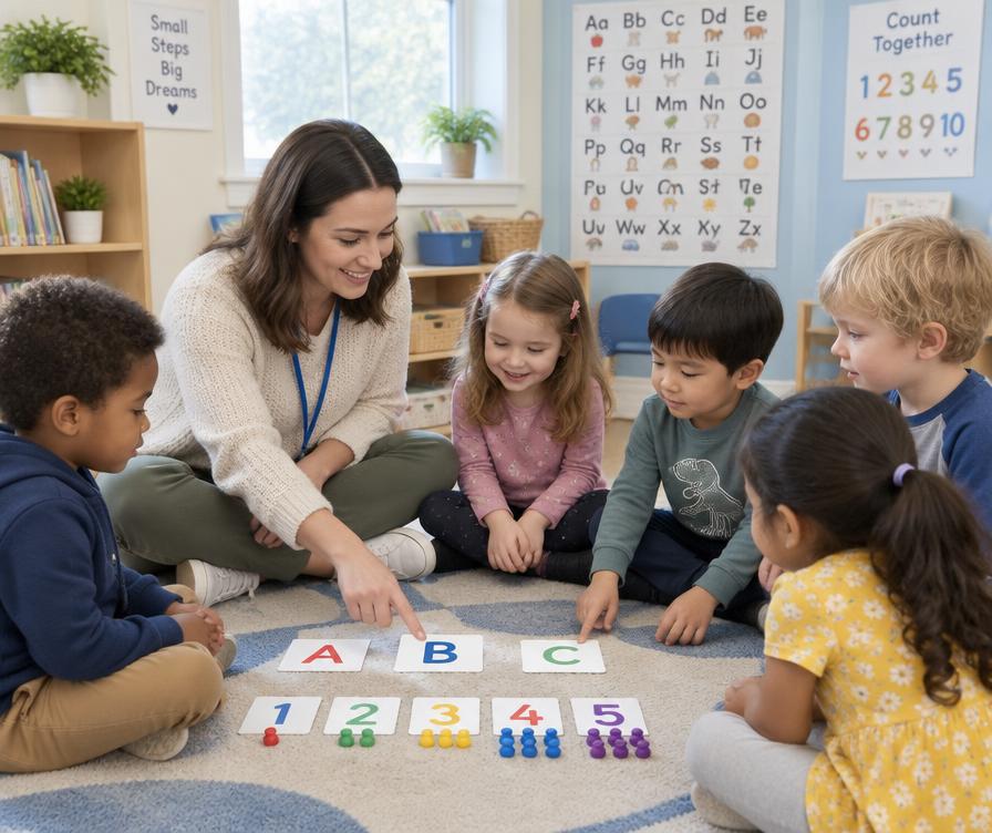 Pre-K children practicing letters and numbers with a teacher